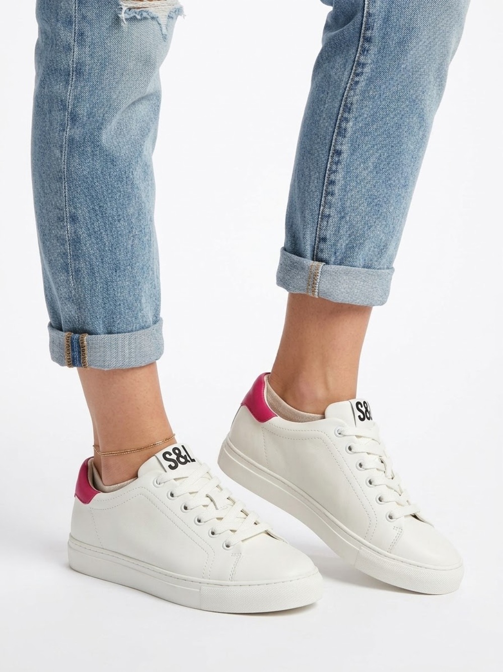 Sam & Libby White Low-Top Leather Sneakers with Hot Pink Heel Accent